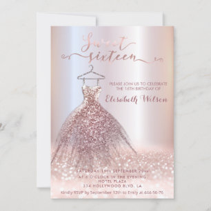 Invitation Adorable Rose or gliterie robe calligraphie