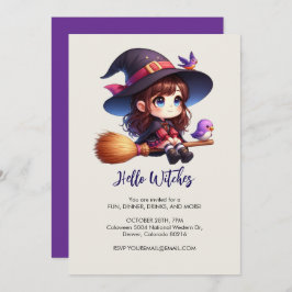 Invitation Adorable sorcière mignonne avec 2 oiseaux, Hallowe
