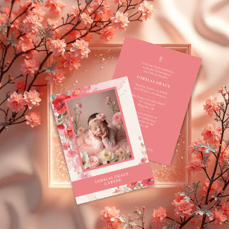 Invitation Adorable Sweet Colorful Coral Floral Photo Baptism