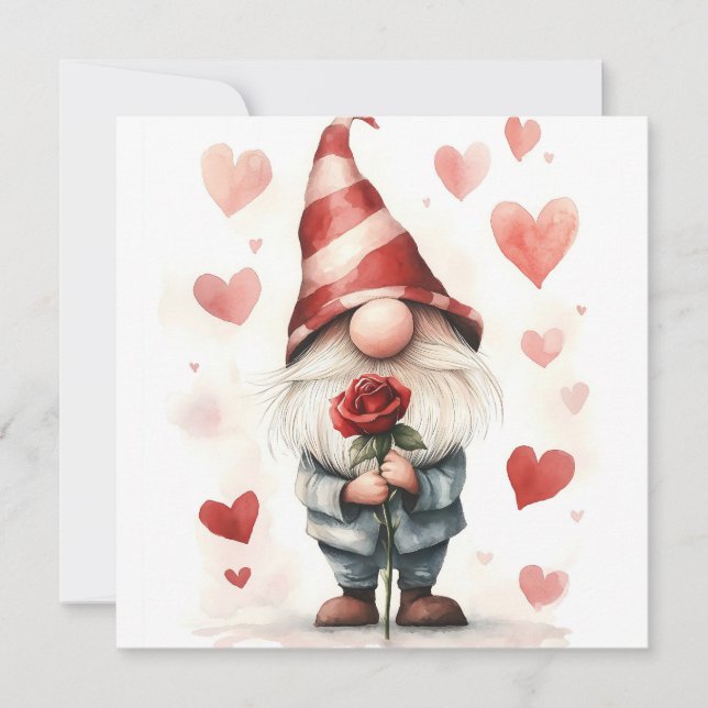 Invitation Adorable Valentine's Gnome : avec un Rose (Devant)