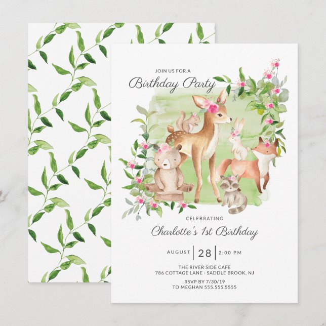 Invitation Adorable Woodland Friends Girls 1er anniversaire (Devant / Derrière)