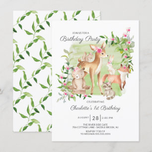 Invitation Adorable Woodland Friends Girls 1er anniversaire