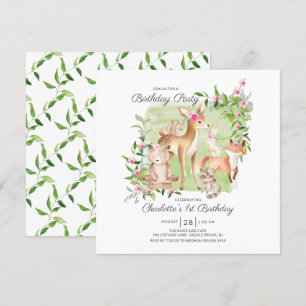 Invitation Adorable Woodland Friends Girls 1er anniversaire