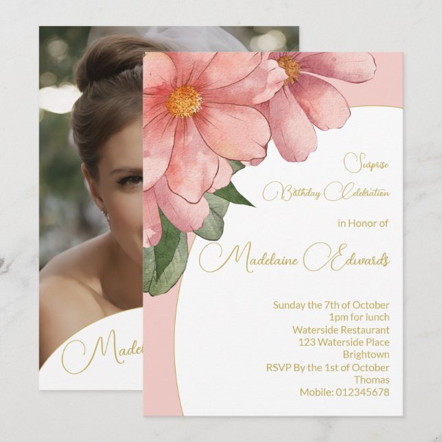 Invitation Adulte Anniversaire Photo Pink Gold Élégant Floral (Devant / Derrière)