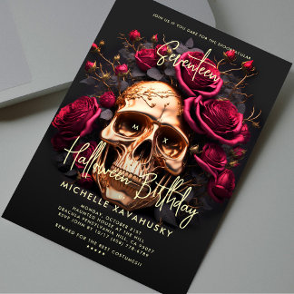 Invitation Adulte Halloween Party Black Gold Crâne Red Roses