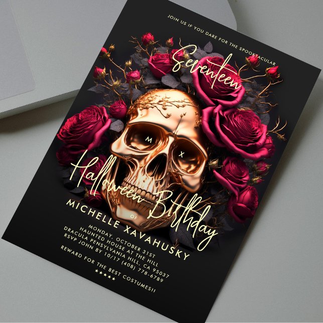 Invitation Adulte Halloween Party Black Gold Crâne Red Roses (Adult Halloween Party Birthday Gothic Black Gold Skull Red Roses Invitation
)