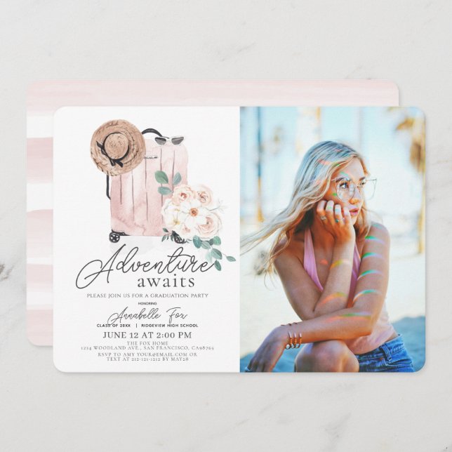 Invitation Adventure Attend Pink Suitcase Graduation Photo (Devant / Derrière)
