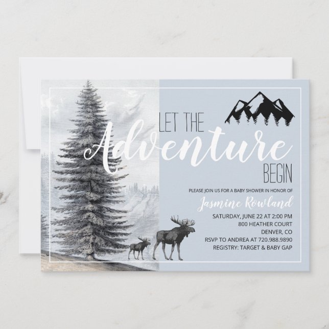 Invitation Adventure Attend Rustic Woodland Moose Baby shower (Devant)