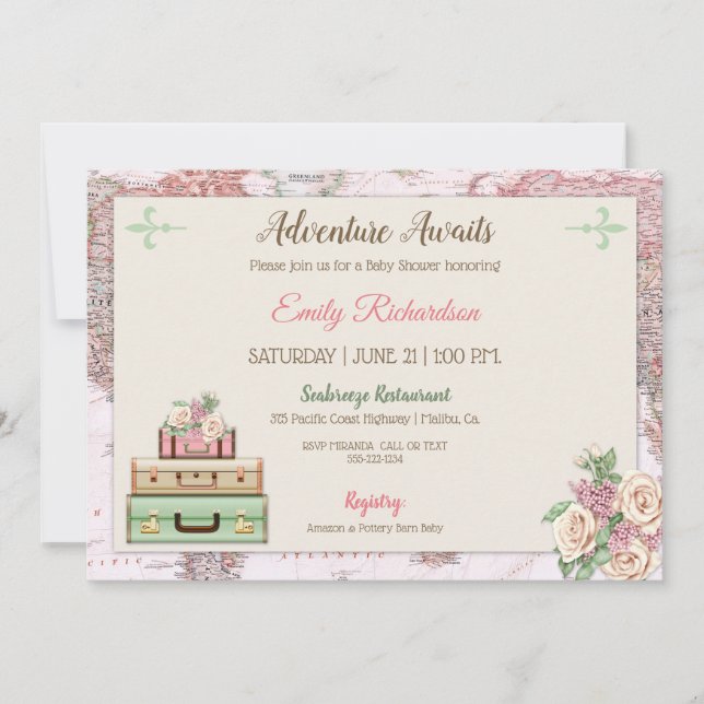 Invitation Adventure Attend World Travel Pink Mint Floral (Devant)