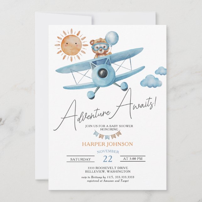 Invitation Adventure Await Avion Teddy Bear Baby shower (Devant)