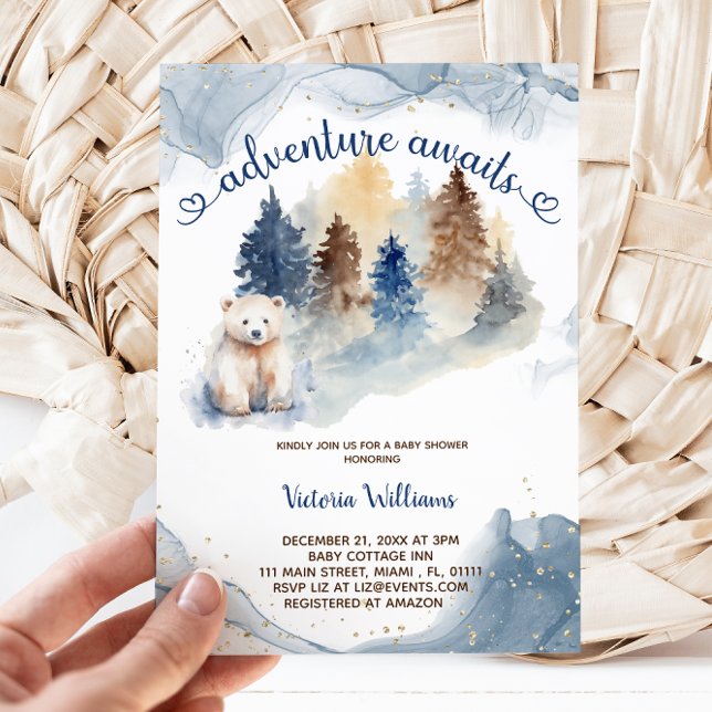 Invitation Adventure Await Bear Forest Baby shower (Créateur téléchargé)