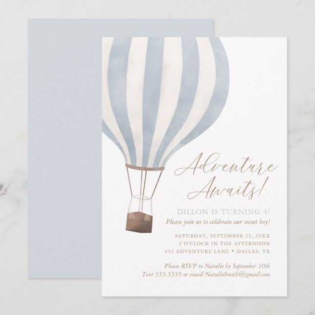 Invitation Adventure Await Blue Hot Air Balloon Boy Anniversa (Devant / Derrière)