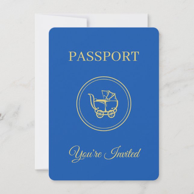Invitation Adventure Await Blue Passport Baby Boy Shower (Devant)