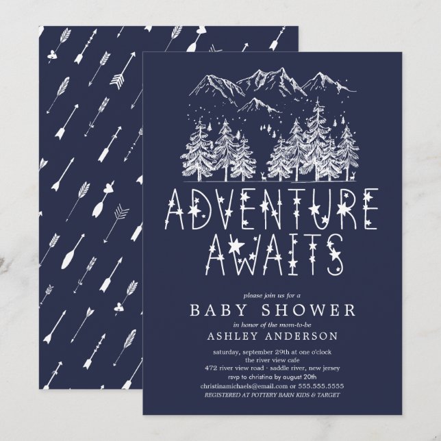 Invitation Adventure Await Boy baby shower (Devant / Derrière)
