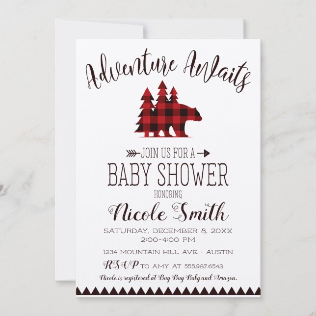 Invitation Adventure Await Buffalo Check Bear Baby shower (Devant)
