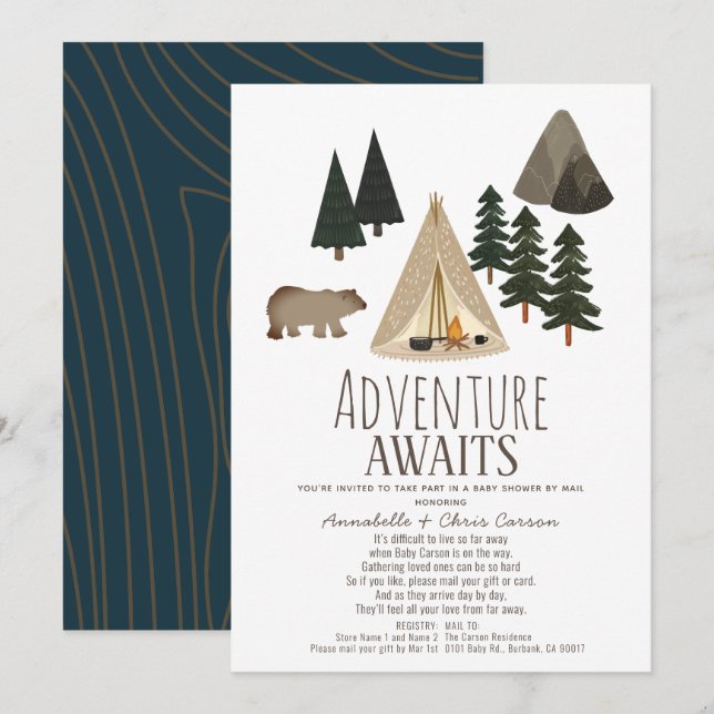 Invitation Adventure Await Camping Baby shower par la poste (Devant / Derrière)