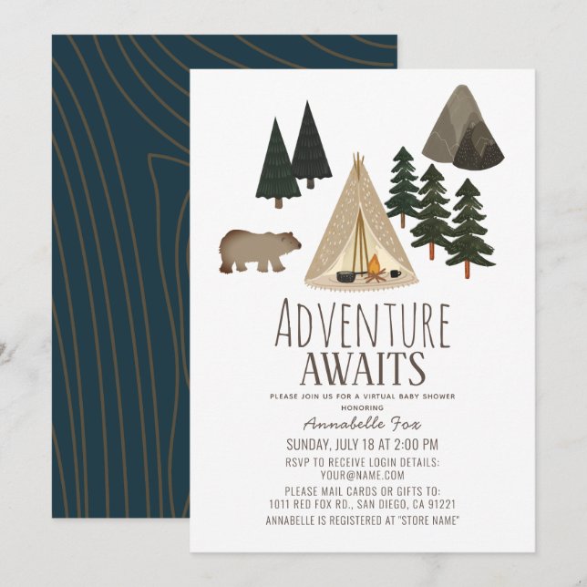 Invitation Adventure Await Camping Baby shower virtuel (Devant / Derrière)