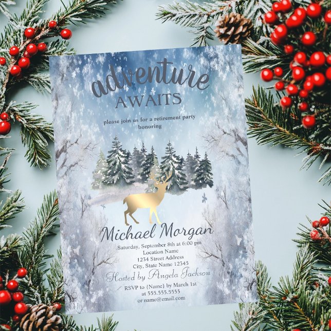 Invitation Adventure Await Forest Gold Deer Blue Retraite (Créateur téléchargé)