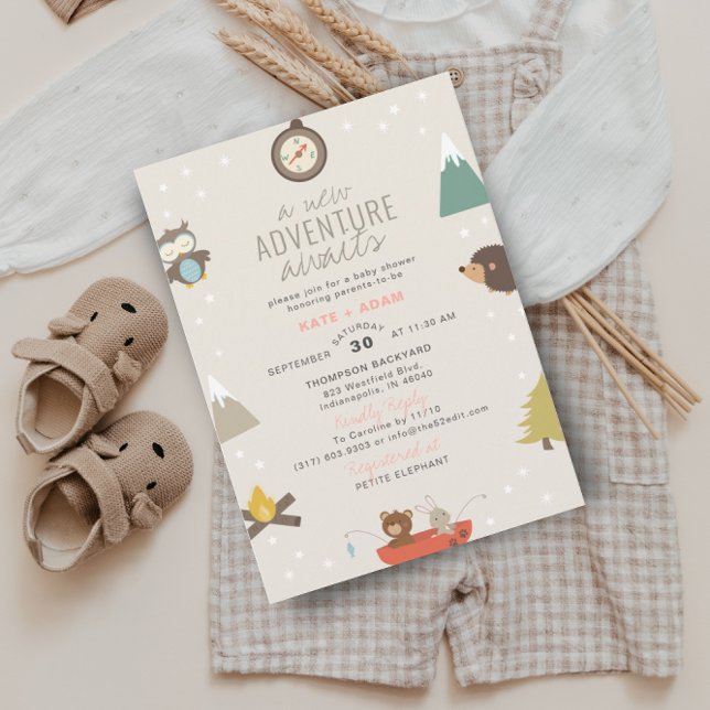 Invitation Adventure Await Girl Woodland Baby shower rose (Créateur téléchargé)