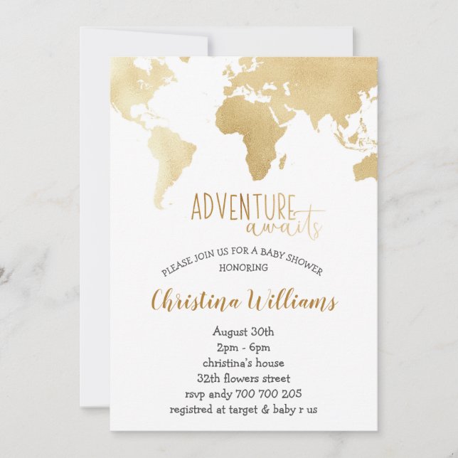 Invitation Adventure Await Gold Foil World Map Baby shower (Devant)