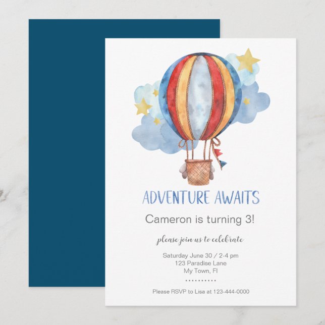Invitation Adventure Await Hot Air Balloon Anniversaire (Devant / Derrière)