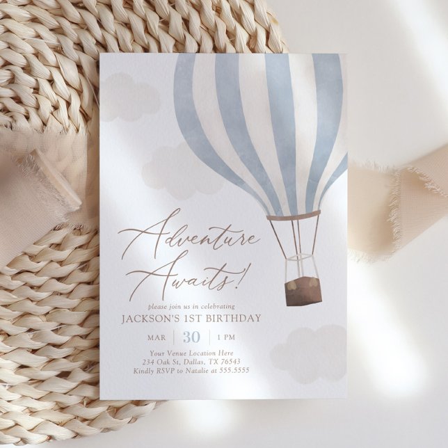 Invitation Adventure Await Hot Air Balloon Boy 1er Anniversai (Créateur téléchargé)