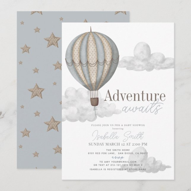 Invitation Adventure Await Hot Air Balloon Boy Baby shower (Devant / Derrière)