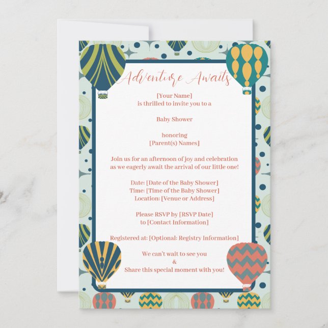 Invitation Adventure Await Hot Air Balloon Sage Baby shower (Devant)