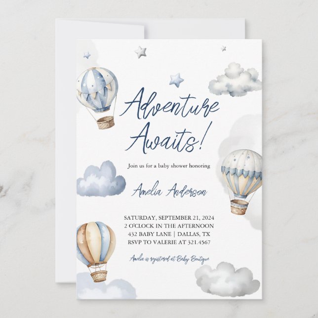 Invitation Adventure Await Hot Air Blue Balloon Baby shower (Devant)