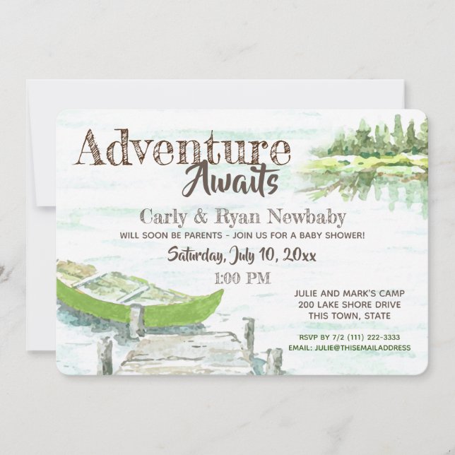 Invitation Adventure Await Lake et Canoe Baby shower (Devant)