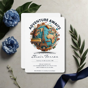 Invitation Adventure Await Modern Globe Baby shower