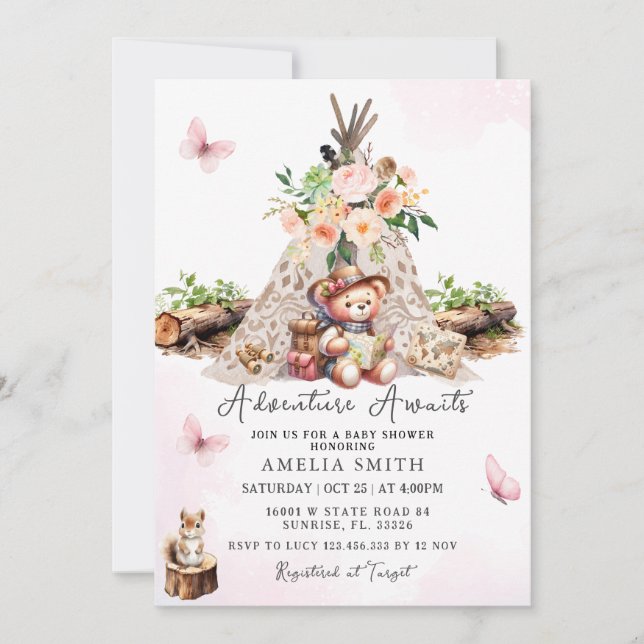 Invitation Adventure Await Rose mignon Baby shower Ours (Devant)