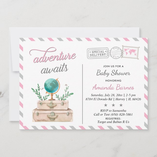 Invitation Adventure Await Travel Baby Girl Douche rose Grey (Devant)