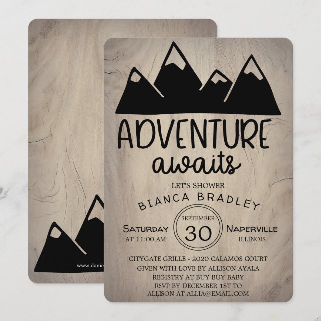 Invitation Adventure Await Wood Mountain Baby shower (Devant / Derrière)