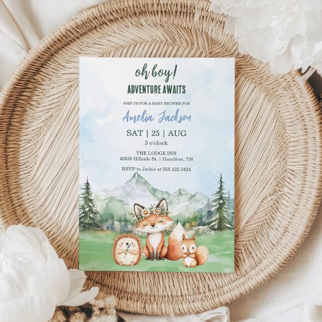 Invitation Adventure Await Woodland Baby shower animal (Oh Boy! Adventure Awaits Woodland Animal Baby Shower Invitation)