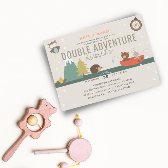 Invitation Adventure Await Woodland Twin Girls Baby shower (Créateur téléchargé)