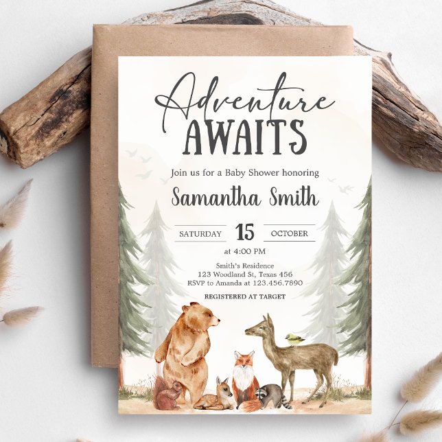 Invitation Adventure Awaits Woodland Baby Shower (Woodland Baby Shower Invitation)