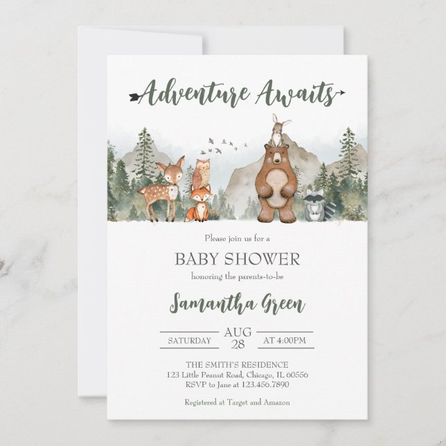 Invitation Adventure Awaits Woodland Baby Shower (Devant)