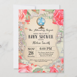 Invitation Adventure Baby shower Red Floral Map Travel World