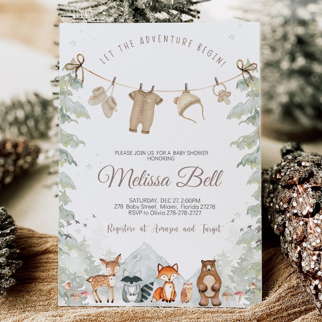 Invitation Adventure Begin Woodland Animals Baby Shower (Adventure Begins" Woodland Animals Baby Shower Invitation with adorable woodland creatures like bear)