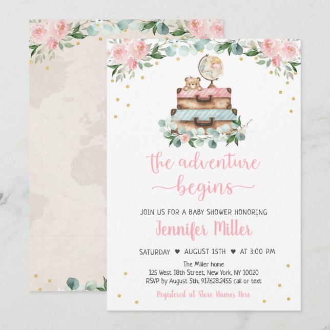Invitation Adventure Pink Gold Floral Baby shower de voyage (Devant / Derrière)