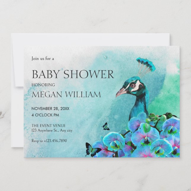 Invitation Aesthetic Blue Peacock Bird baby shower (Devant)