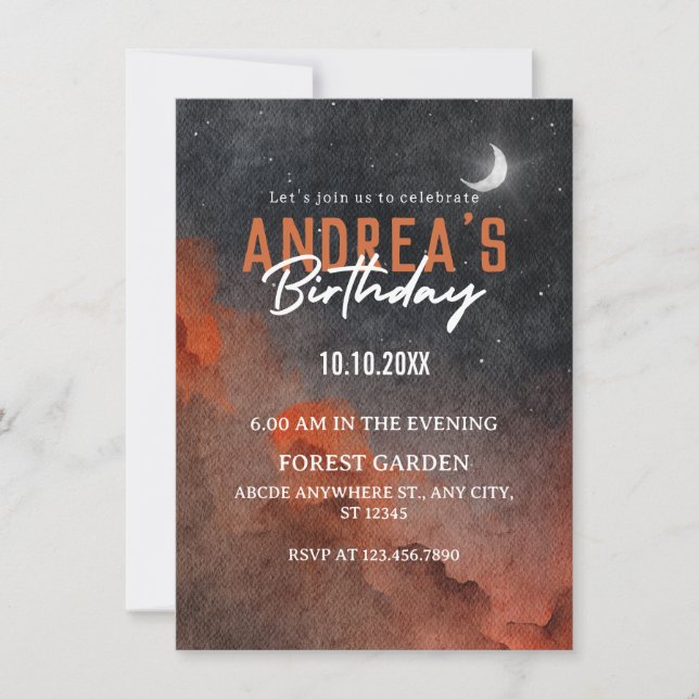 Invitation Aesthétique aquarelle nuit ciel art anniversaire (Devant)