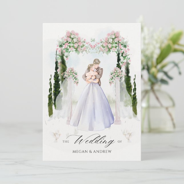Invitation Aesthétique mariage arche jardin couple aquarelle (Debout devant)
