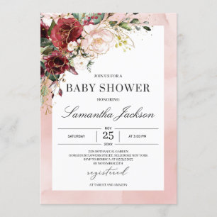 Invitation Aethereal aquarelle rose bordeaux bébé floral