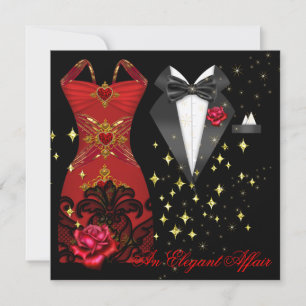 Invitation Affaire Élégante Robe Rouge Cravate Noire Rose Rou