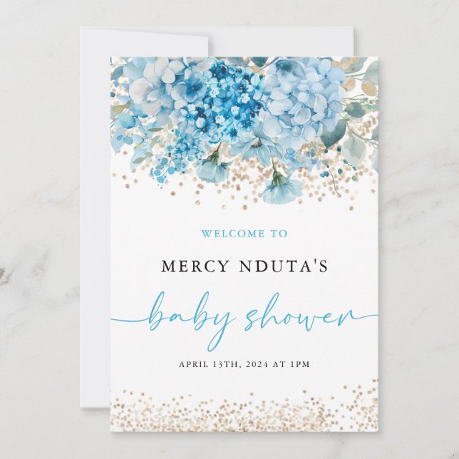 Invitation Affiche de bienvenue de Baby shower Floral Blue Go (Devant)
