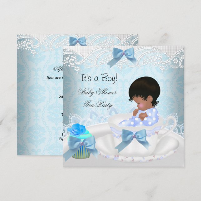 Invitation African American Baby shower Boy Blue Baby Teacup (Devant / Derrière)
