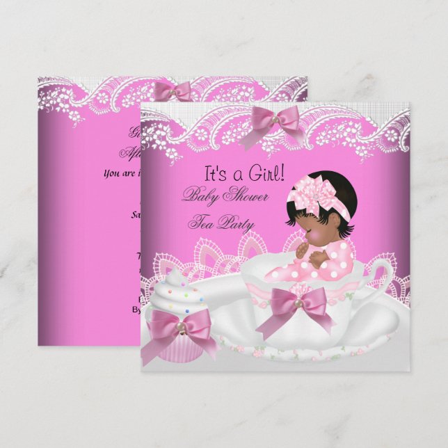 Invitation African American Baby shower Girl Rose Baby Teacup (Devant / Derrière)