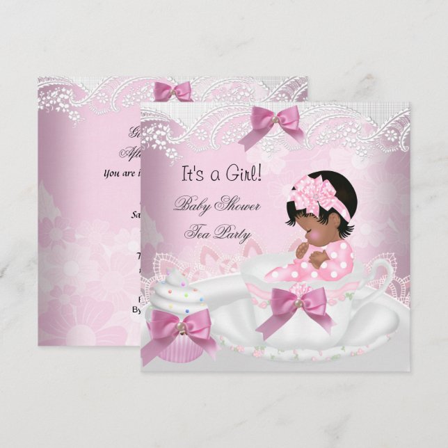 Invitation African American Baby shower Girl Rose Baby Teacup (Devant / Derrière)